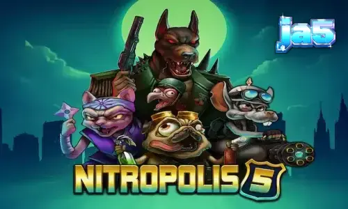 Ang makulay at magulong grid ng Nitropolis 5 slot na may mga animal clan symbols.